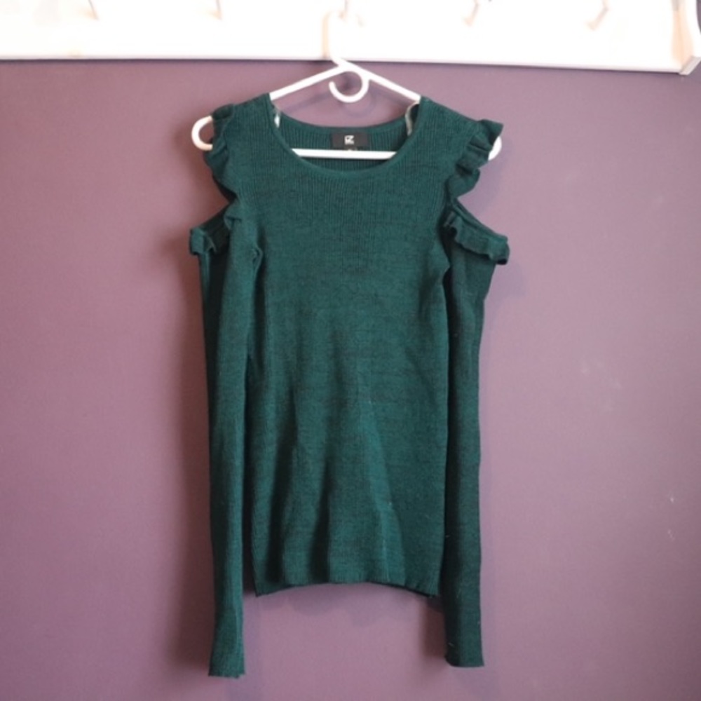 Green Heather Off the Shoulder Scalloped Sweater